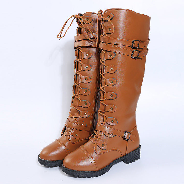 Damen  kniehohe Schnürstiefel mit seitlichem Reißverschluss, verstellbaren Zierriemen und profilierter Gummisohle Drune