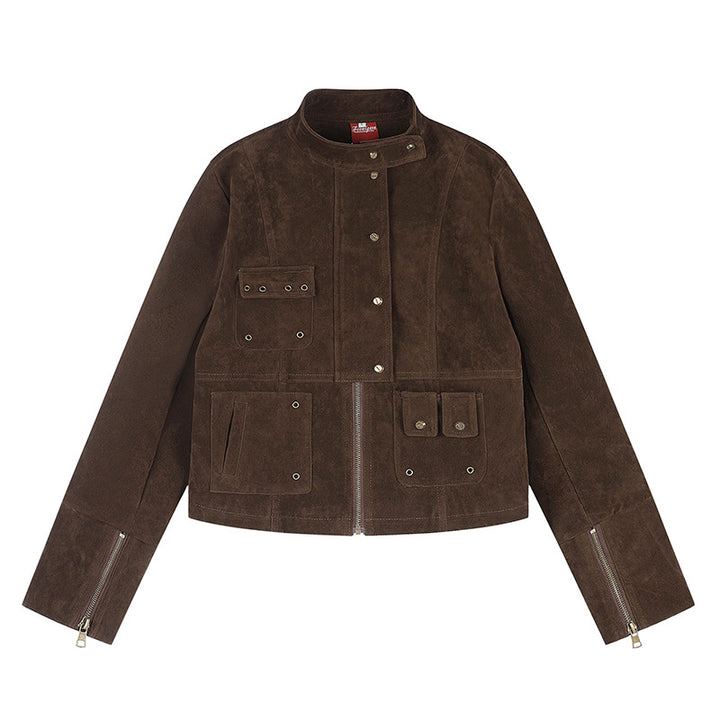 Damen kurze Wildleder-Utilityjacke mit Stehkragen, Mehrfachtaschen und Reißverschluss Drune