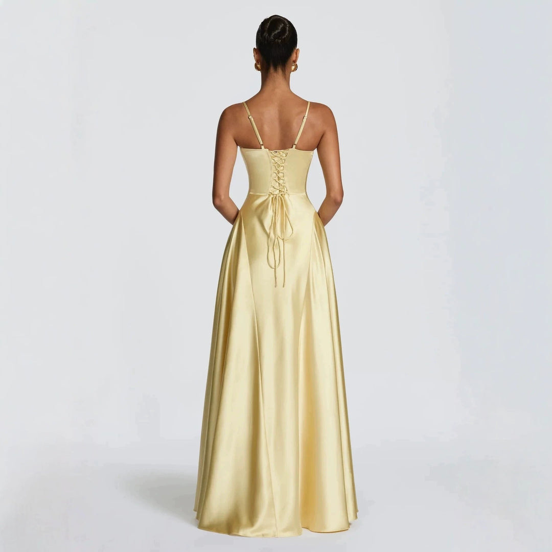 Damen elegantes Satin-Maxikleid mit raffinierten Spaghettiträgern Drune