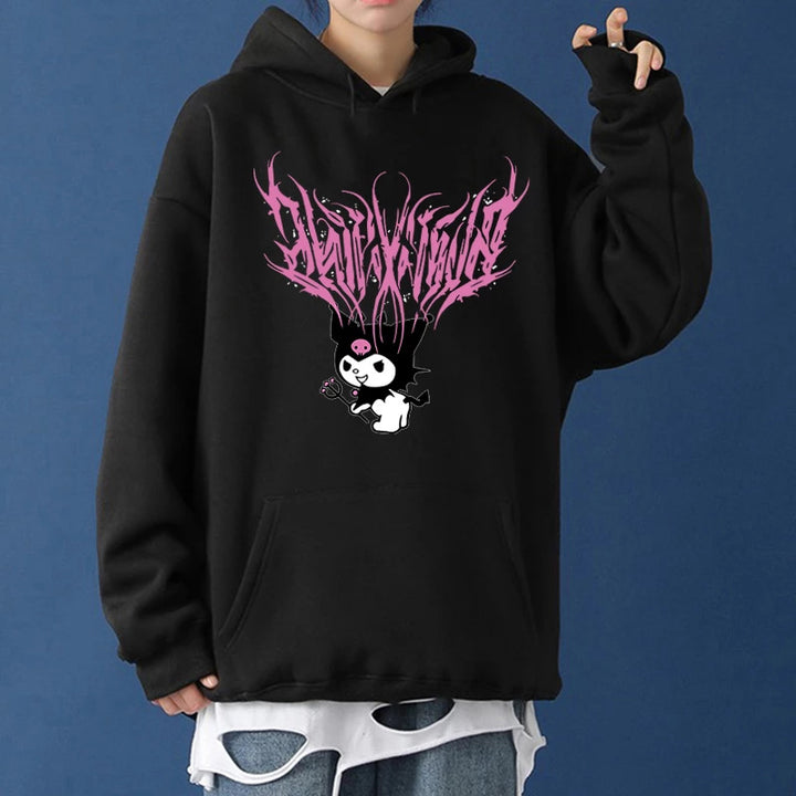 Damen nan lockeres Kapuzensweatshirt aus angerautem Fleece mit Kängurutasche und kawaii-Charakter-Print Drune