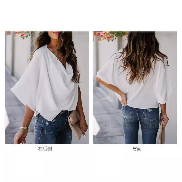 Damen elegante Bluse mit drapiertem V-Ausschnitt und weit geschnittenen Ärmeln Drune