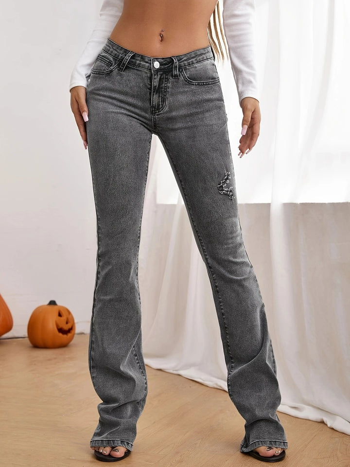Damen Taillenhohe ausgestellte Jeans mit Perlenapplikation und formendem Bund Drune
