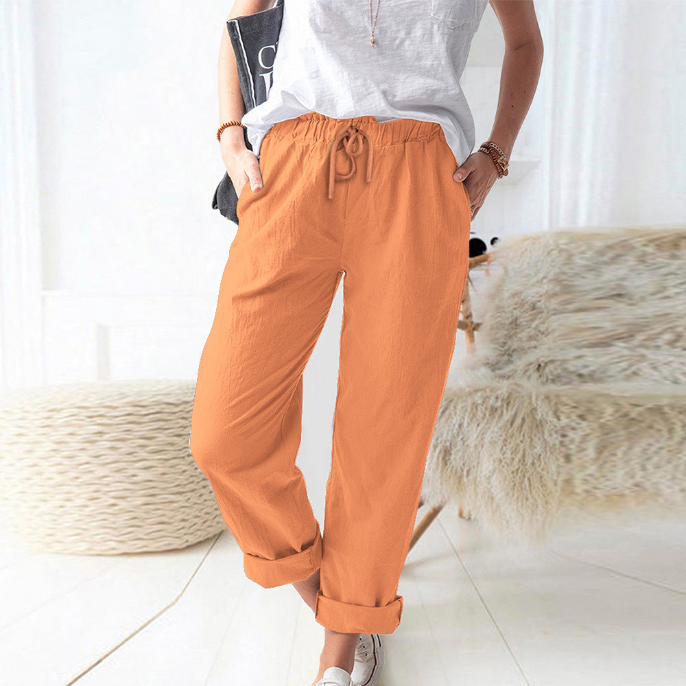 Damen Lockere Leinenoptik-Hose mit Elastischem Bund, Kordelzug und Aufgeschlagenem Saum Drune