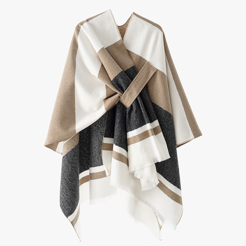 Damen Oversize-Capeponcho aus Wollmix mit Bindeschlaufe und Streifenbordüre Drune