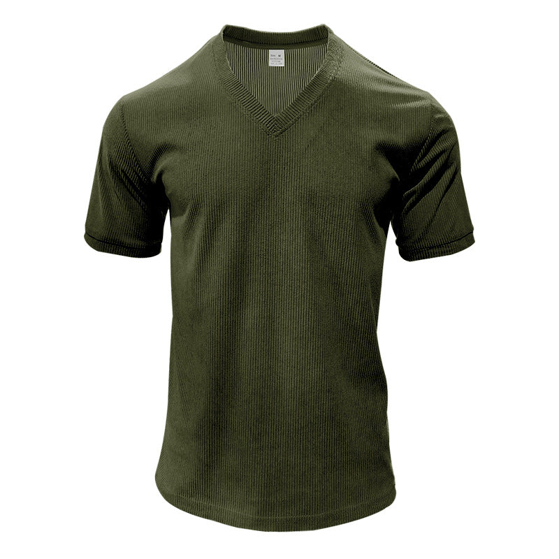 Herren nan strukturiertes V-Ausschnitt-Rippjersey-Shirt mit kurzem Arm und körpernaher Passform Drune