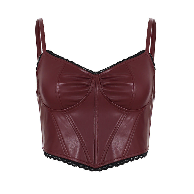 Damen Kunstleder Bustier mit verführerischen Spitzenakzenten Drune