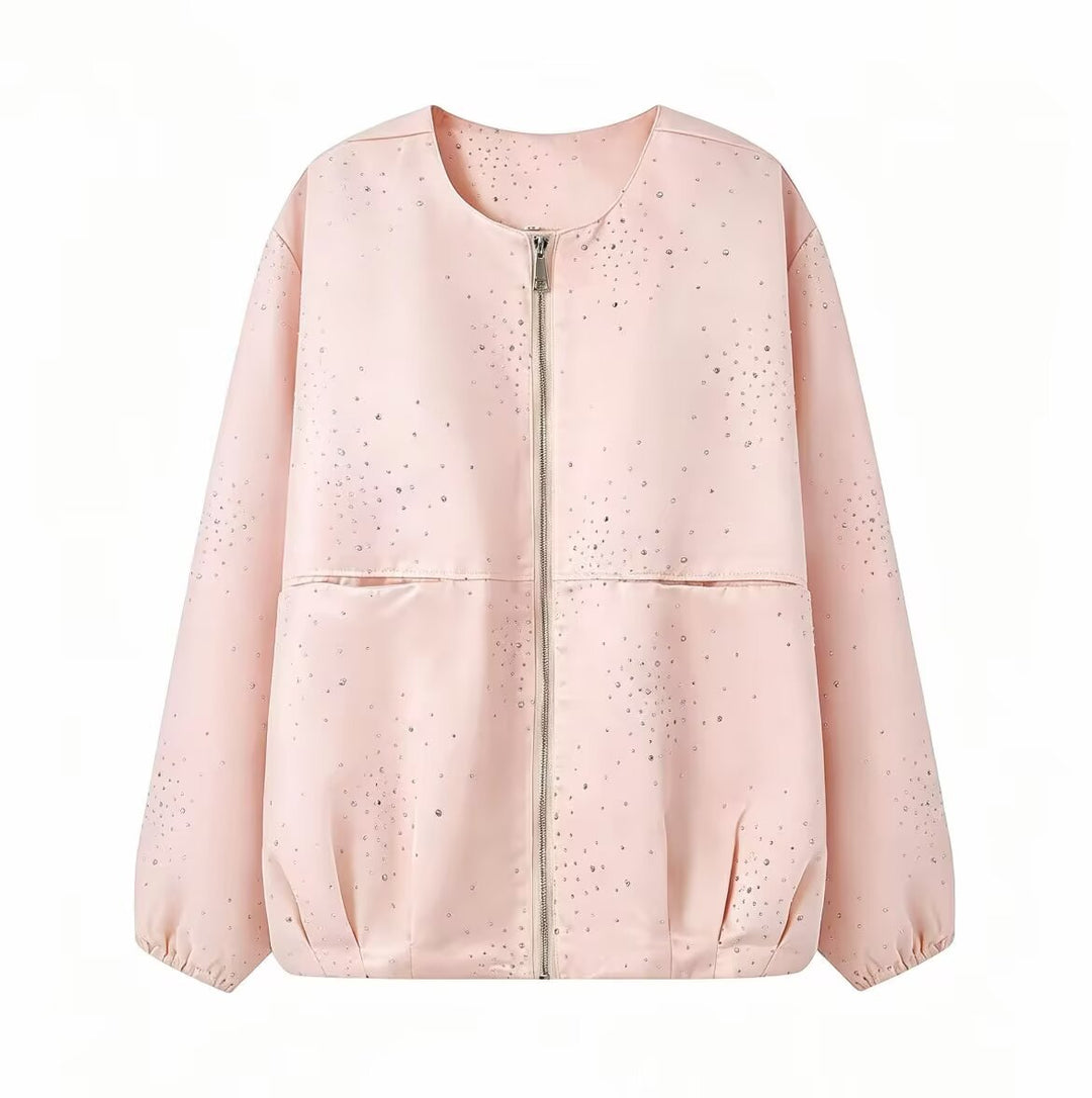 Damen Boxy‑Blouson mit Rundhals, Metallreißverschluss und dezentem Glitzerbesatz Drune