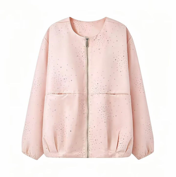 Damen Boxy‑Blouson mit Rundhals, Metallreißverschluss und dezentem Glitzerbesatz Drune