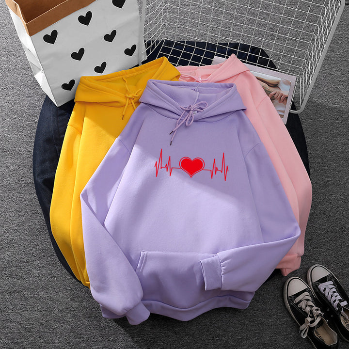 Unisex nan oversized Kapuzenpullover mit Herz-EKG-Print und Kängurutasche Drune