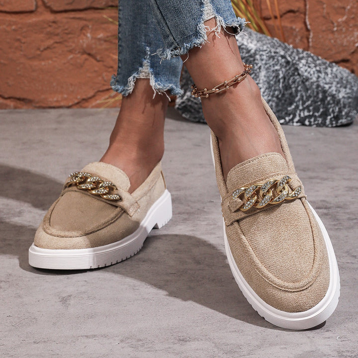 Damen  elegante Slipper mit Plateau-Laufsohle, goldener Schmuckkette und gepolstertem Komfortfußbett Drune