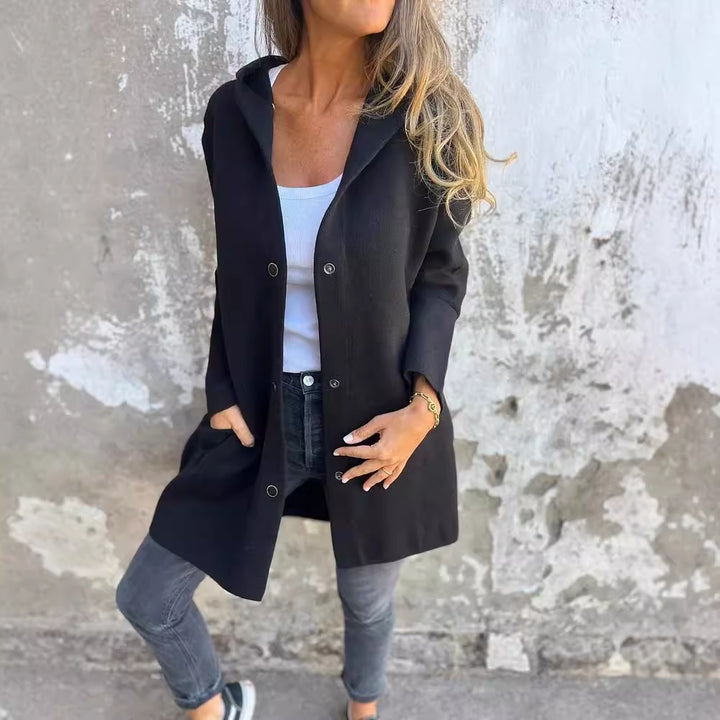 Damen nan Kapuzenmantel mittellanger Baumwollmix mit Druckknopfleiste und Eingrifftaschen Drune