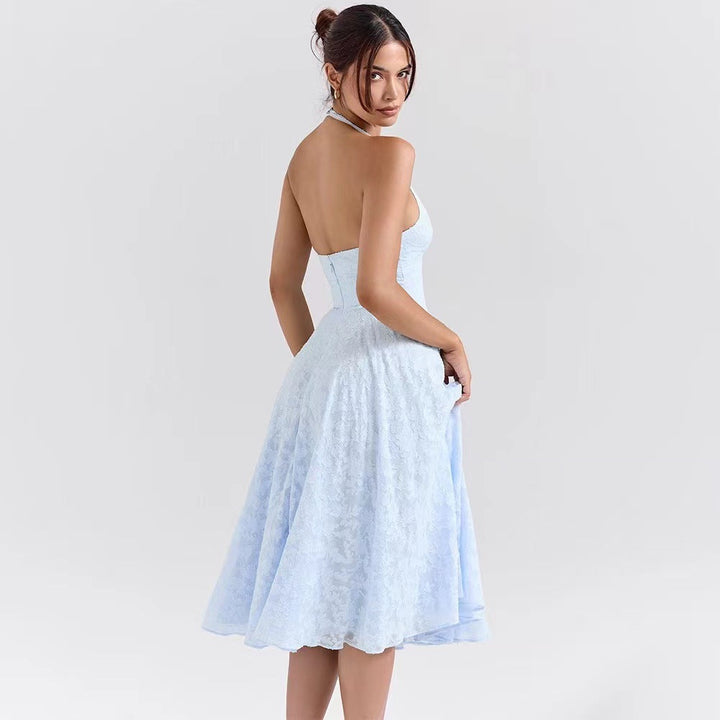 Damen Elegantes Midikleid mit tiefem V-Ausschnitt und schwingendem Rock Drune