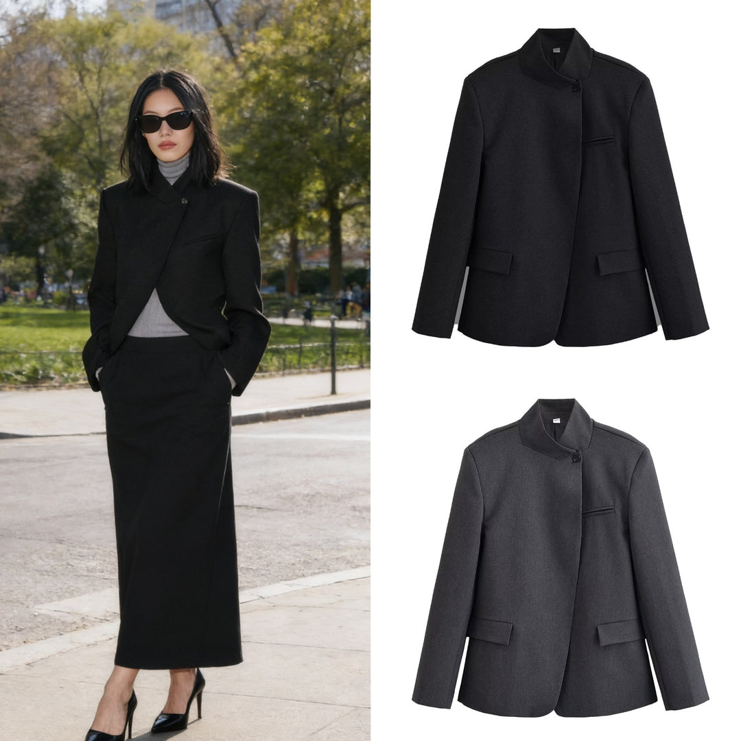 Damen Strukturierter Kurzblazer im Minimalstil mit Stehkragen und verdeckter Knopfleiste Drune