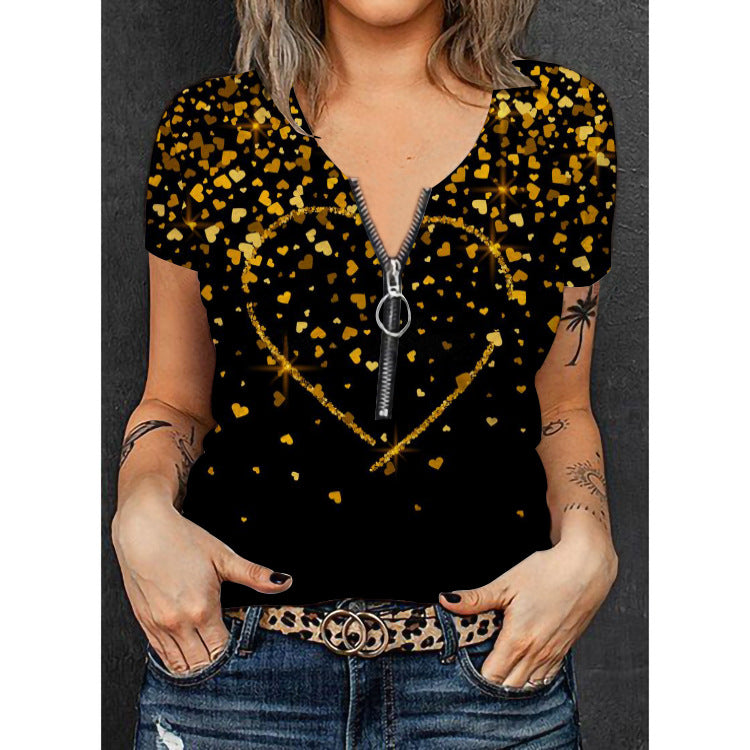 Damen V-Ausschnitt T-Shirt mit floralem Herz-Design und Reißverschluss Drune