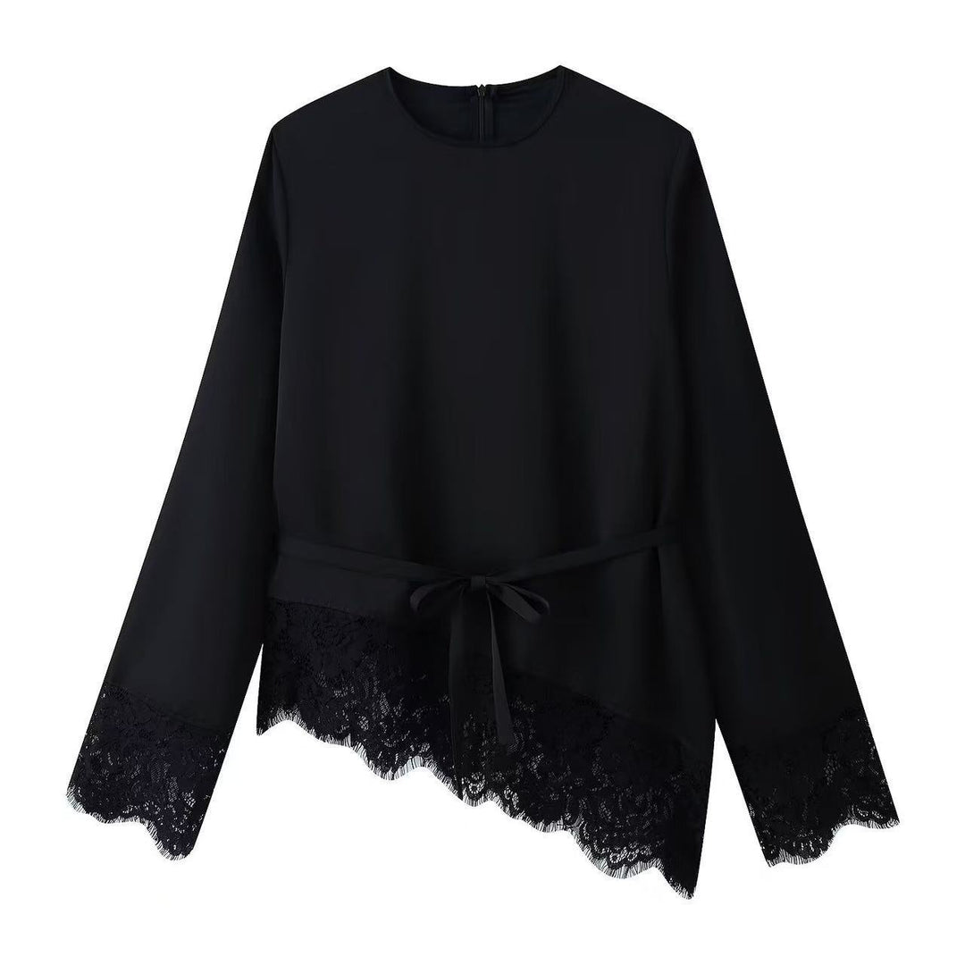 Damen Langärmlige Bluse mit Taillenband und Spitzenbesatz Drune