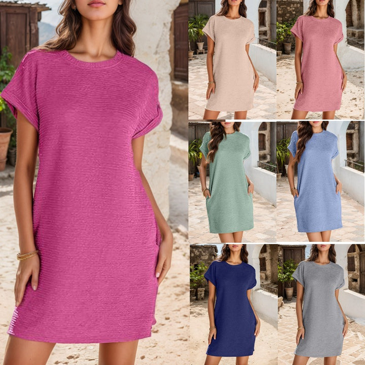 Damen lässiges T-Shirt-Kleid mit umschlagbaren Ärmeln und strukturiertem Stoff Drune