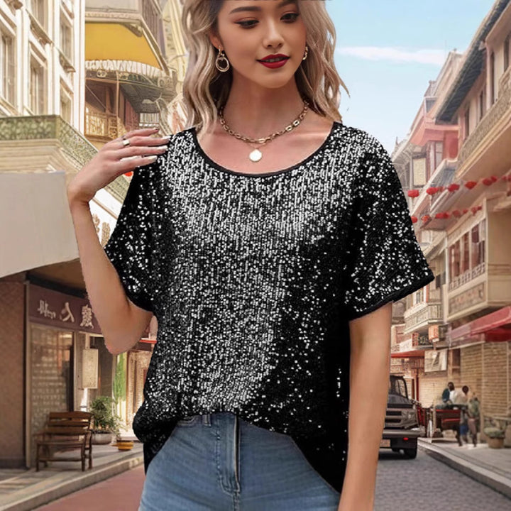 Damen Glitzernde Kurzarm-Bluse Drune