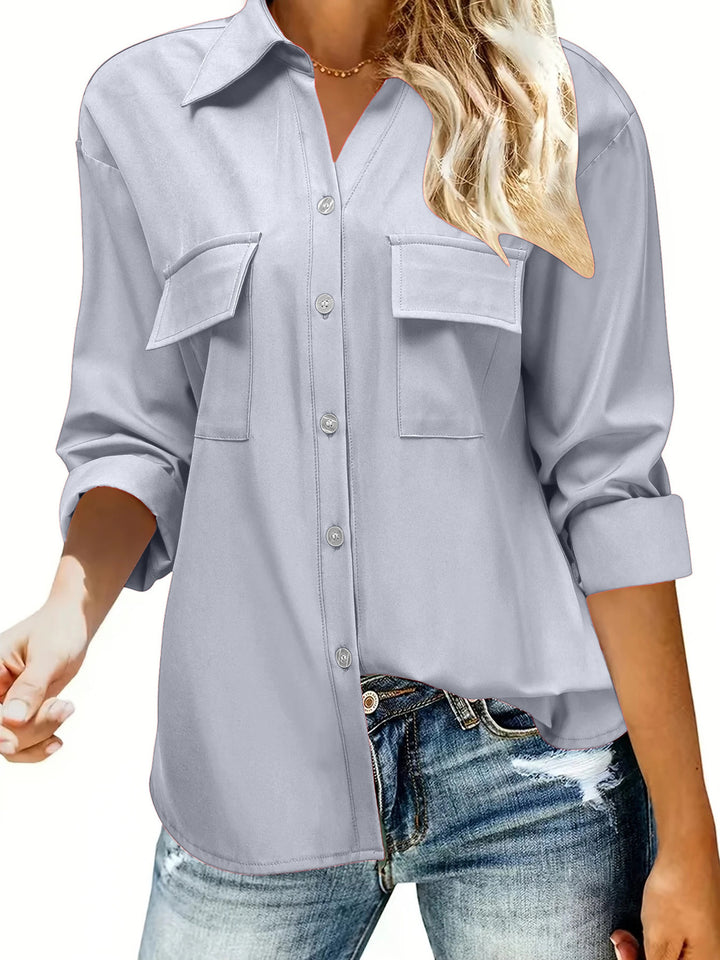 Damen Oversize-Hemdbluse mit Pattentaschen, durchgehender Knopfleiste und umgeschlagenen Ärmeln Drune