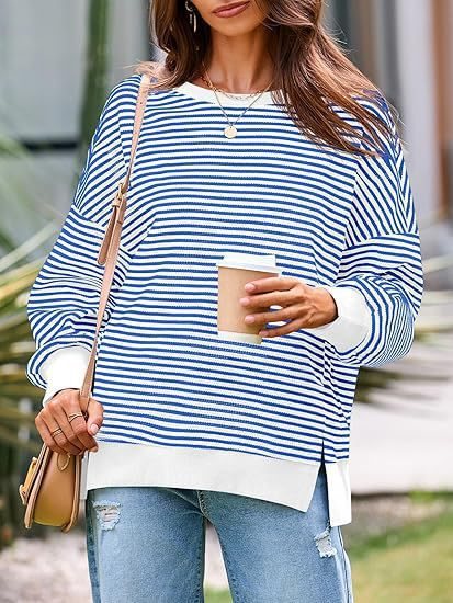 Damen Gestreifter Oversize-Sweater mit Rundhalsausschnitt und Seitenschlitzen Drune