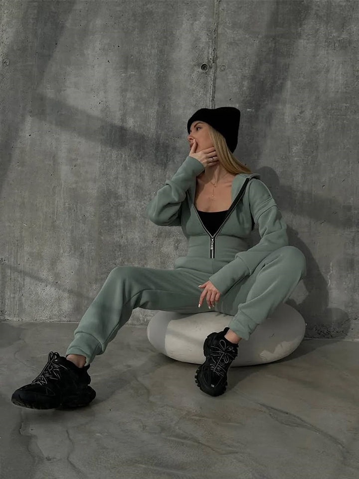 Damen Figurbetontes Kapuzen-Loungewear-Set mit tailliertem Zip-Hoodie und High-Waist Jogginghose Drune