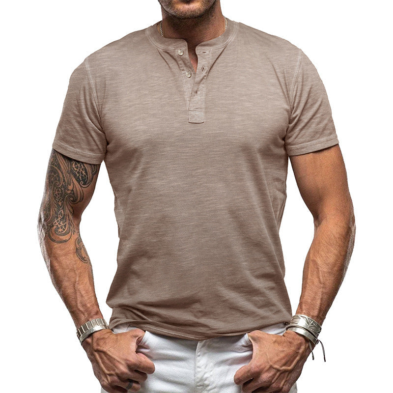 Herren nan athletisches Henley-T-Shirt aus strukturierter Slub-Baumwolle mit kurzer Knopfleiste Drune