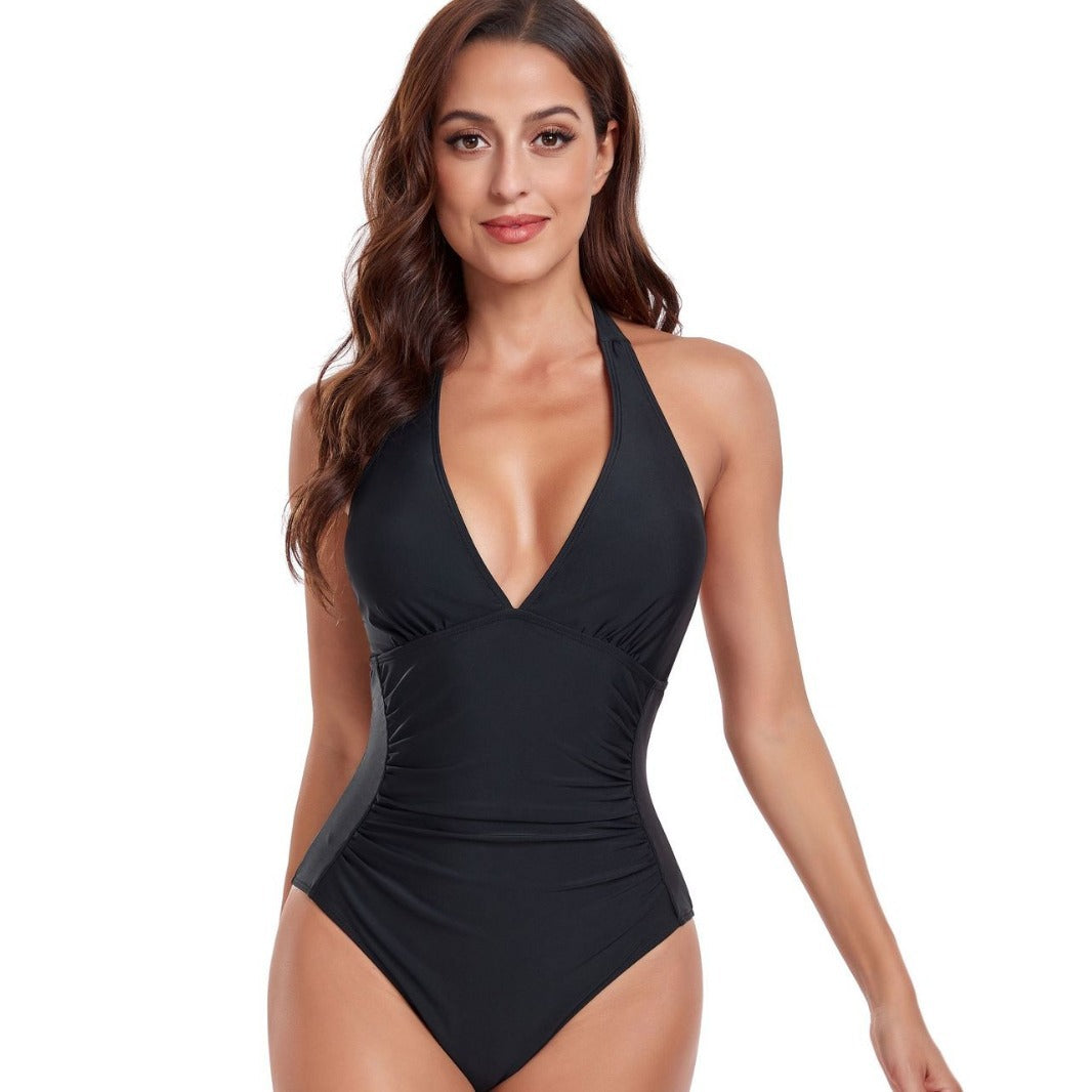 Damen Einteiler Badeanzug mit tiefem V-Ausschnitt und stilvollem Animalprint Drune