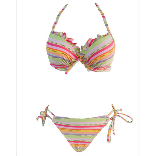 Damen Bikiniset mit farbenfrohem Streifenmuster und dekorativen Rüschen Drune