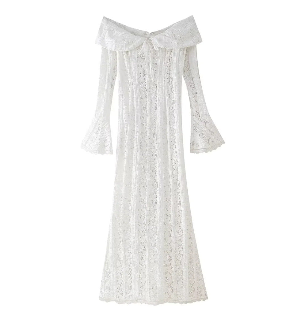 Damen 300+ Maxikleid aus Spitze mit Carmen‑Ausschnitt, ausgestellten Glockenärmeln und figurumspielender Silhouette Drune