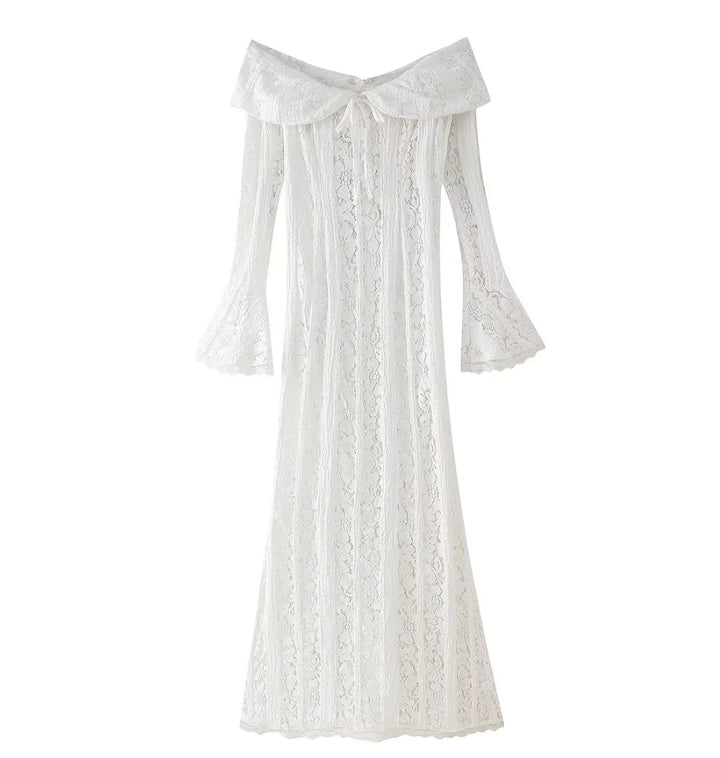 Damen 300+ Maxikleid aus Spitze mit Carmen‑Ausschnitt, ausgestellten Glockenärmeln und figurumspielender Silhouette Drune