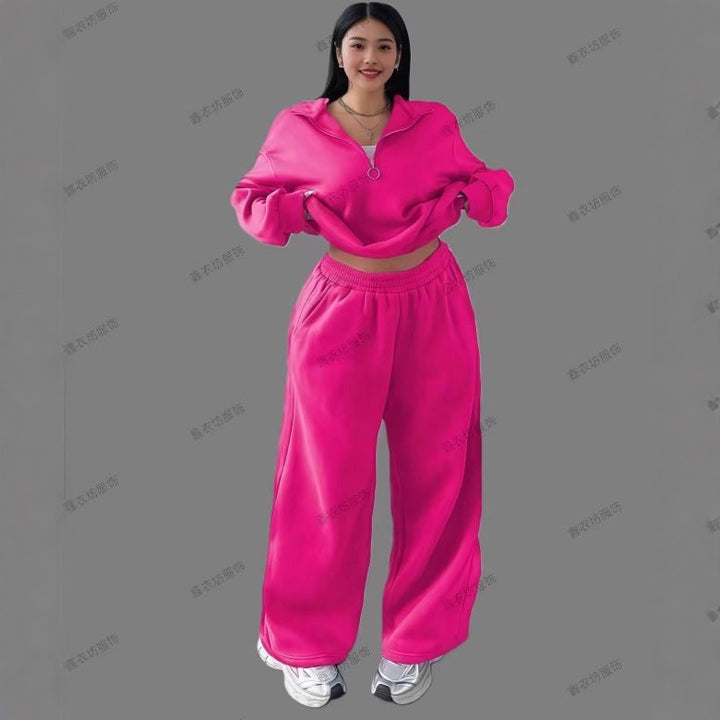 Damen Cropped Oversize-Sweatshirt mit halbem Reißverschluss und weite High-Waist Jogginghose Set Drune