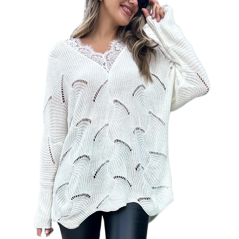 Damen Oversize-Strickpullover mit V-Ausschnitt und Spitzeneinsatz Drune