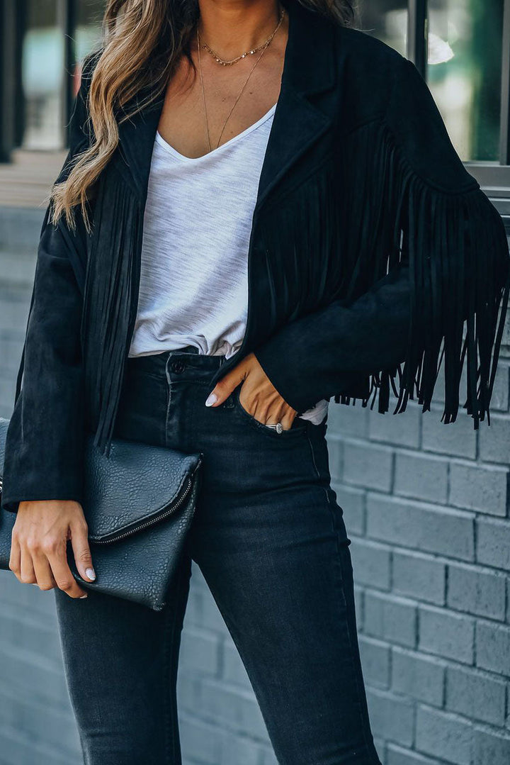 Drune | Revers Langarm Fransen Crop Hippie Jacke