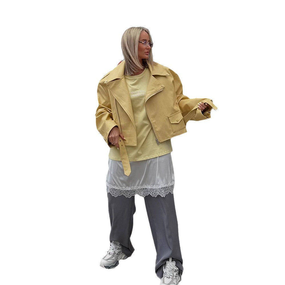 Damen Oversize-Bikerjacke aus veganem Lederimitat mit großem Revers und Taillengürtel Drune