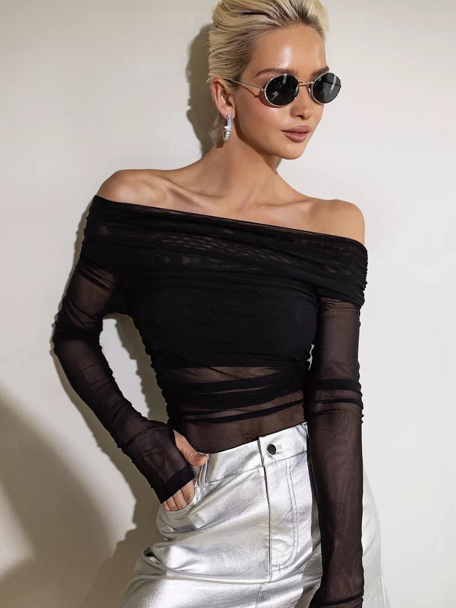 Damen Off-Shoulder Langarmshirt aus leicht transparentem Stoff mit raffiniertem Drapierungseffekt Drune