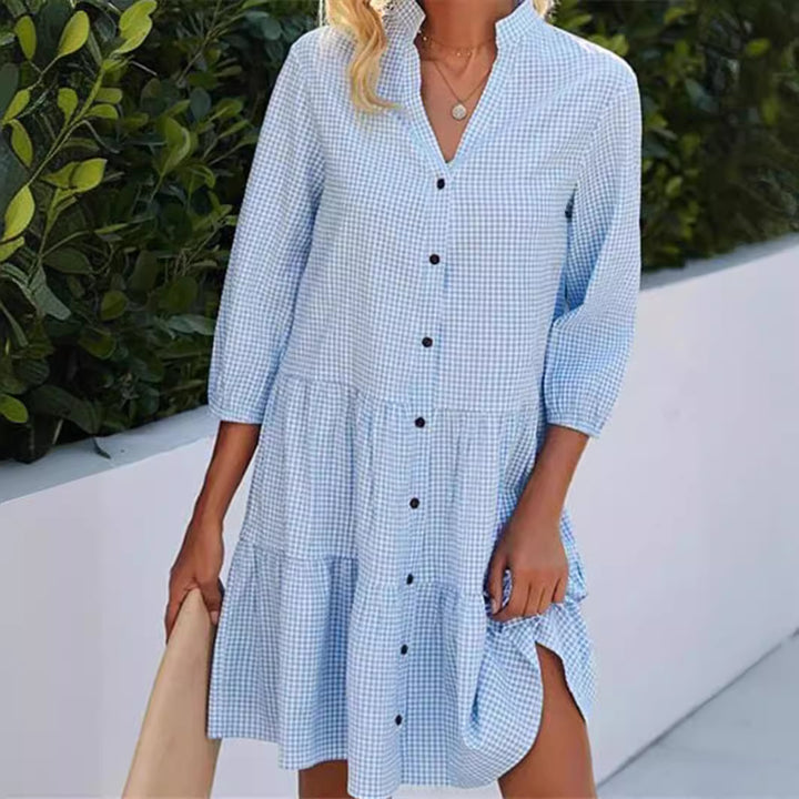 Damen Hemdkleid im Vichy-Karo mit Stehkragen und gestuftem Rock Drune