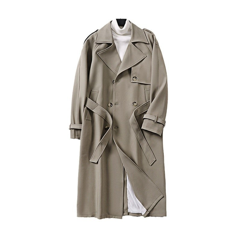 Herren Langer Minimalistischer Trenchcoat mit Sturmklappe Taillengürtel und verstellbaren Manschetten Drune