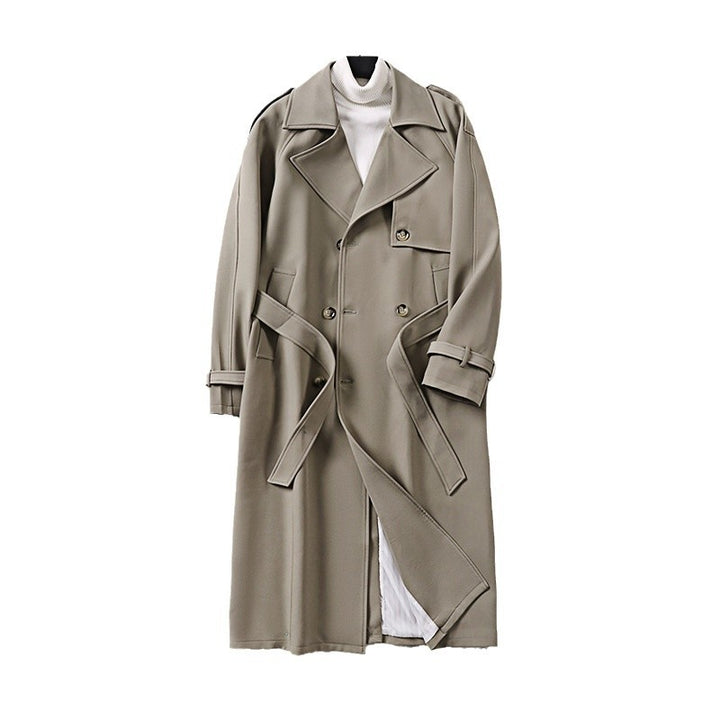Herren Langer Minimalistischer Trenchcoat mit Sturmklappe Taillengürtel und verstellbaren Manschetten Drune