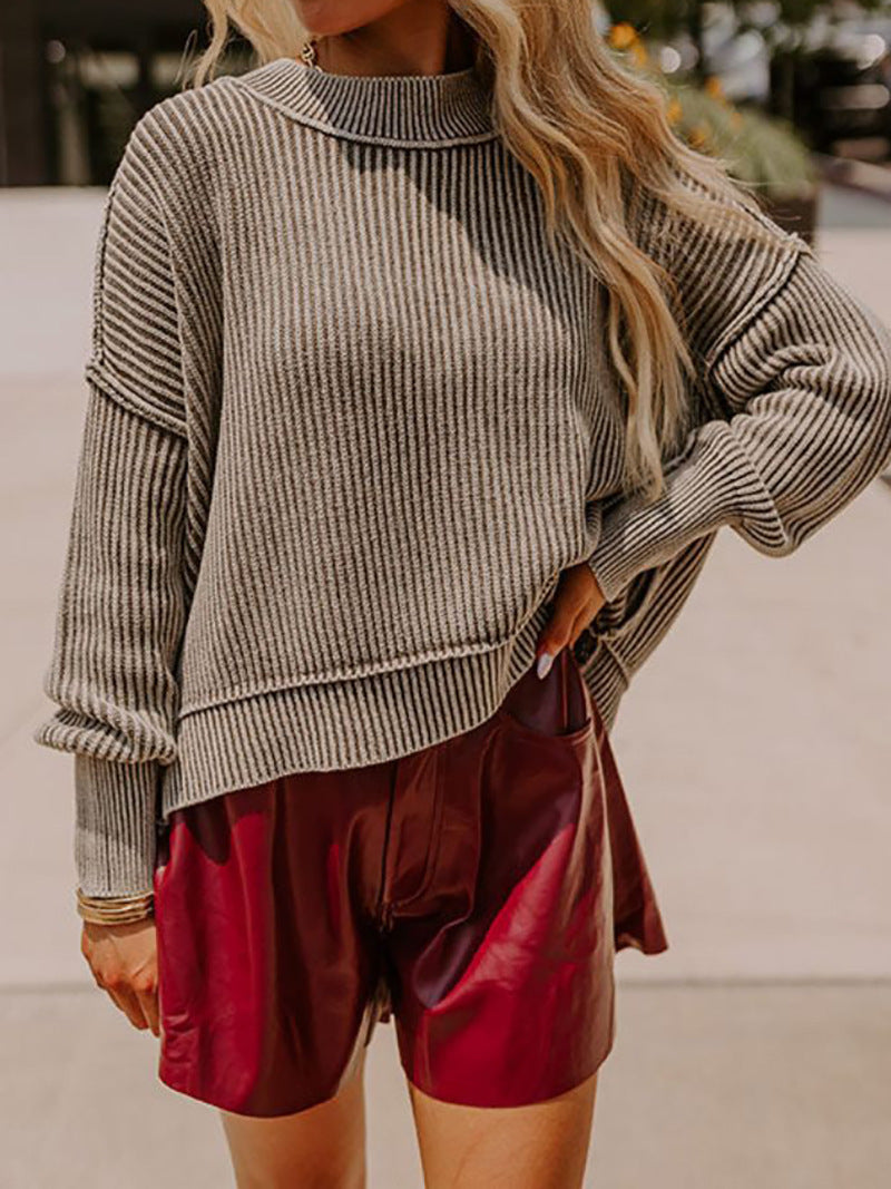 Damen lässiger Rollkragenpullover mit feinem Streifenmuster und oversized Schnitt Drune
