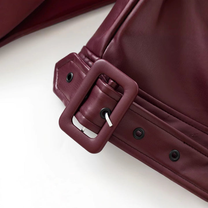 Damen Kurzer Trench-Mantel mit Taillengürtel und Schulterklappen aus veganem Leder Drune