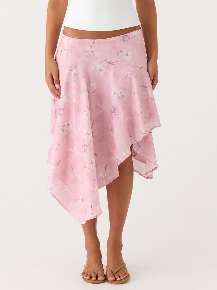 Damen asymmetrischer Maxi-Rock mit floralem Design und schwingendem Fall Drune