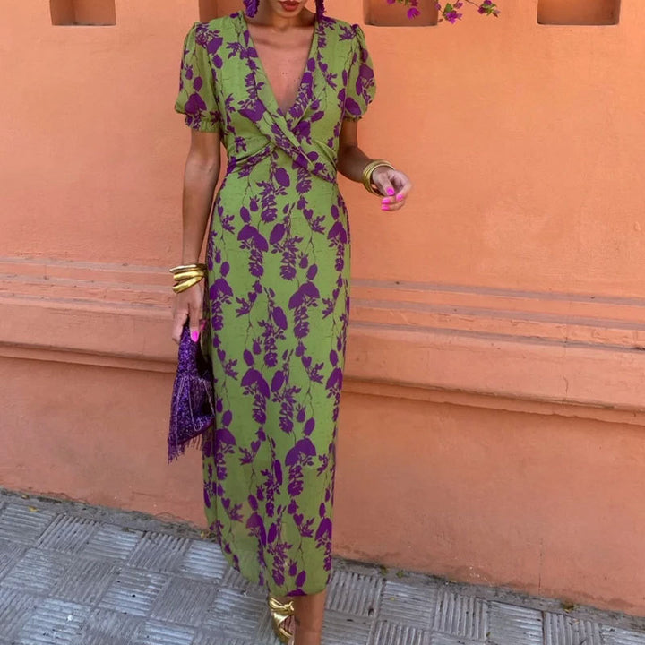 Damen Maxikleid mit tiefem V-Ausschnitt und kunstvollem Rauten-Muster Drune