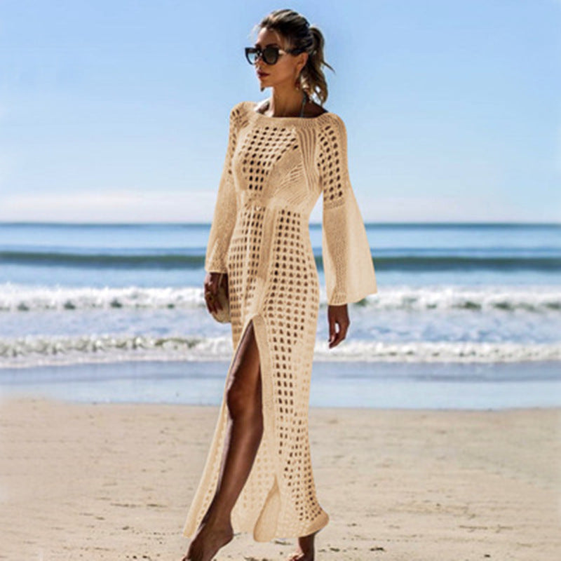 Damen Luftiges Häkel-Strandkleid mit langen Ärmeln und seitlichem Schlitz Drune