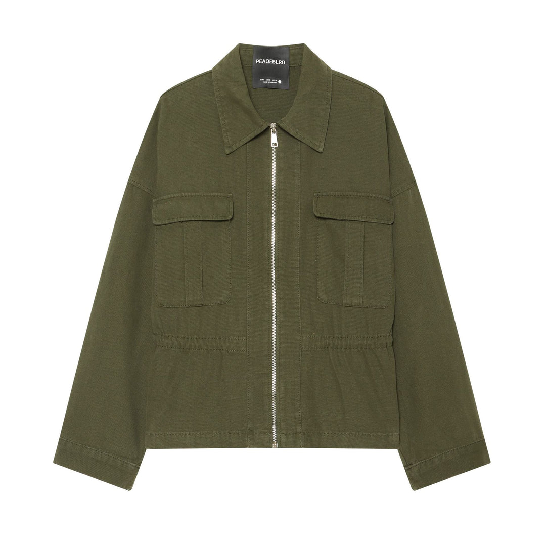 Damen Taillierte Cropped Utility‑Jacke mit durchgehendem Reißverschluss und Pattentaschen Drune