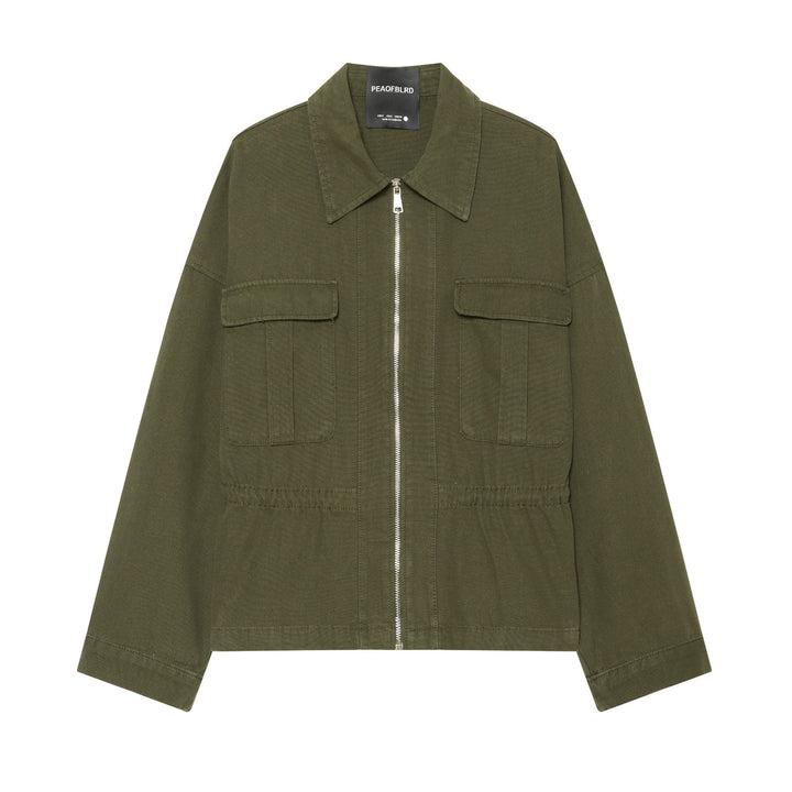 Damen Taillierte Cropped Utility‑Jacke mit durchgehendem Reißverschluss und Pattentaschen Drune