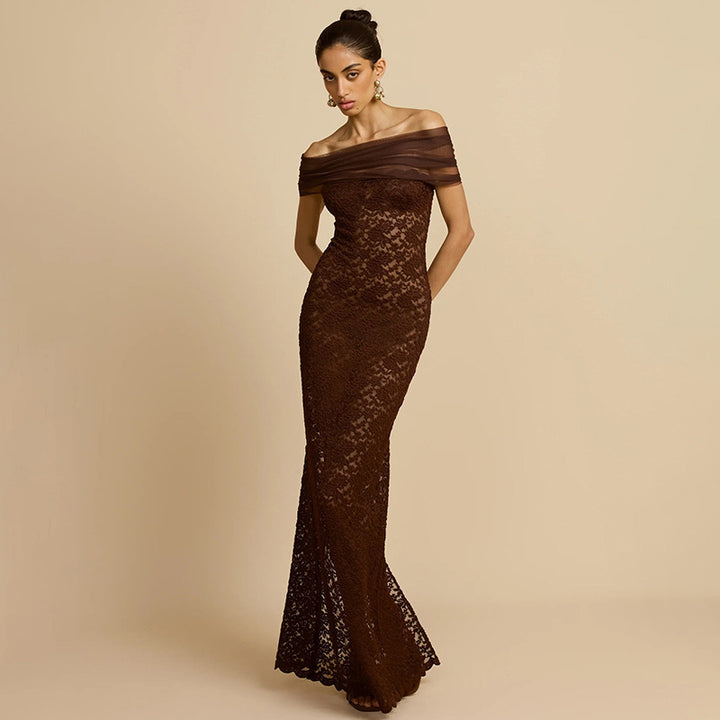 Damen Elegantes Spitzenabendkleid mit schulterfreiem Design und raffiniertem Schlitz Drune