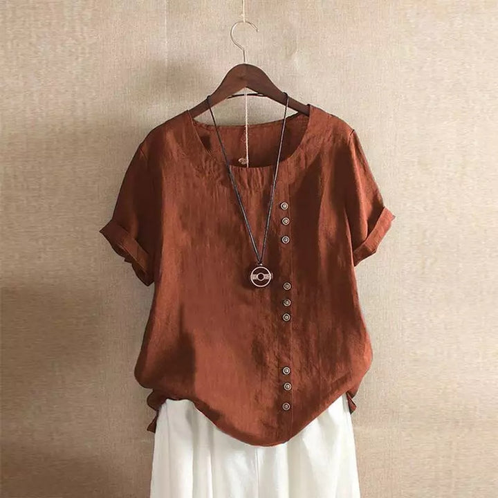 Damen lässige Leinenbluse mit umschlagbaren Ärmeln und Knopfdetails Drune