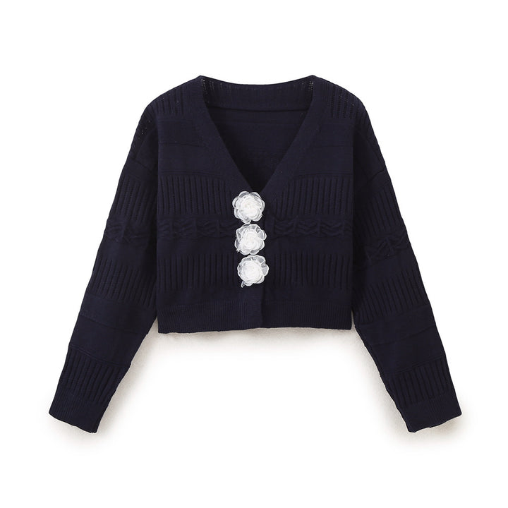 Damen modische Strickjacke mit romantischen Blumenknöpfen und lässigem Schnitt Drune
