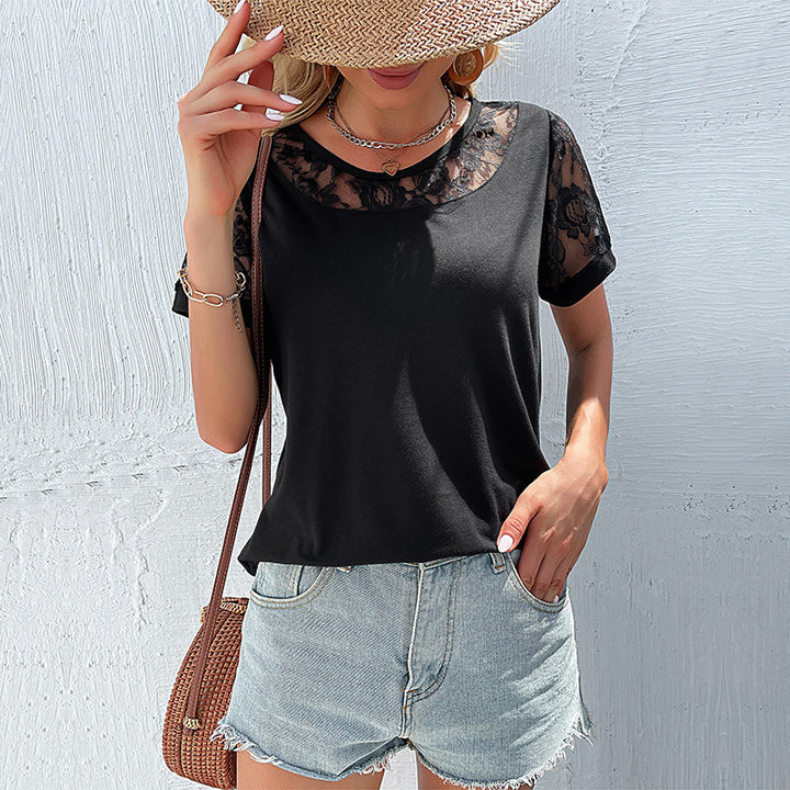 Damen T-Shirt mit eleganten Spitzenärmeln und lässigem Schnitt Drune