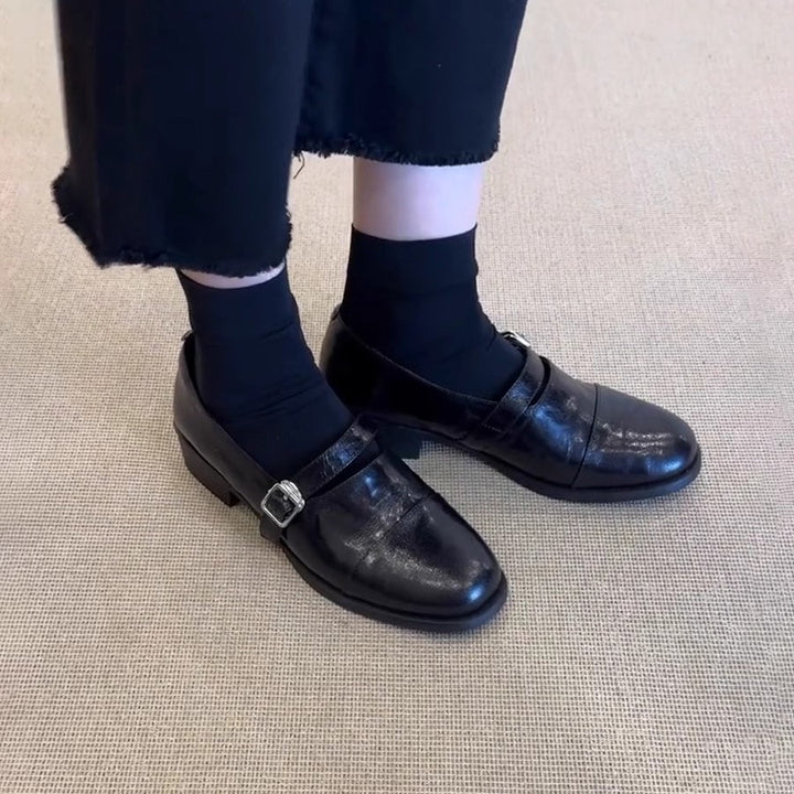Damen Klassische Leder Mary Jane Schuhe mit verstellbarem Riemen Drune