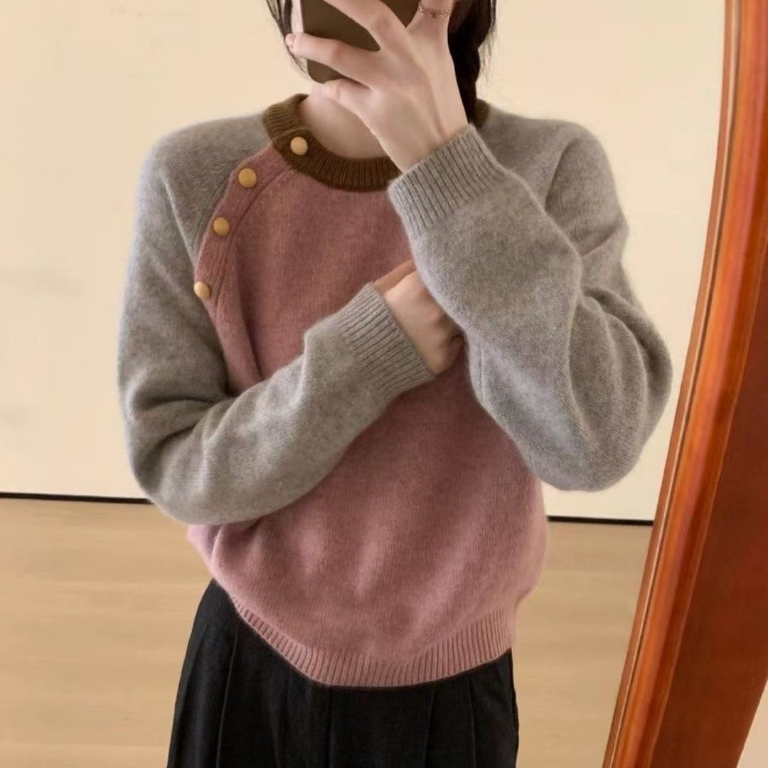Damen kuscheliger Strickpullover mit großen Knöpfen Drune